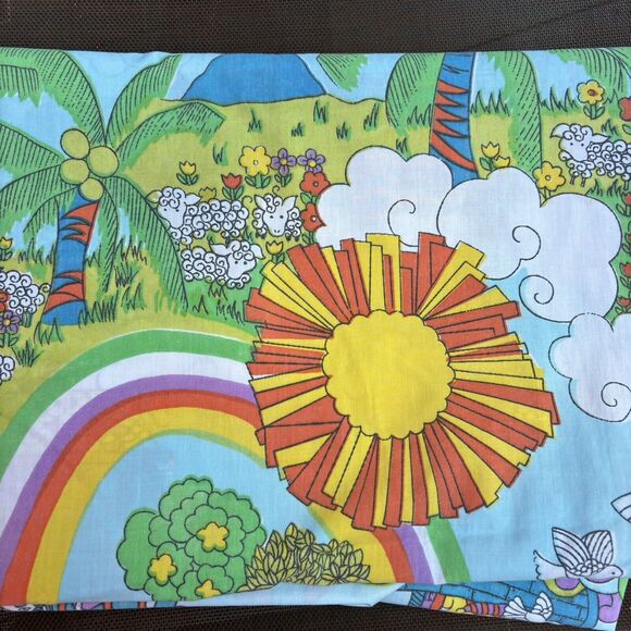 Vtg Sears Childrens Noah Ark 60s 70s Twin Bed Fitted & Flat Sheet Set Color READ - Picture 10 of 12